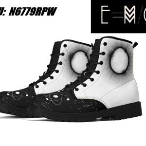 New E=M/C2 Women's Black Hole White Upgraded Black Outsole Leather Boots